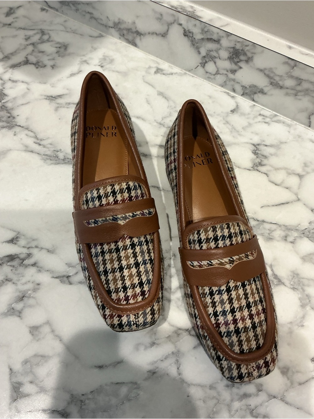 Donald J. Pliner Brown Houndstooth Penny Loafers